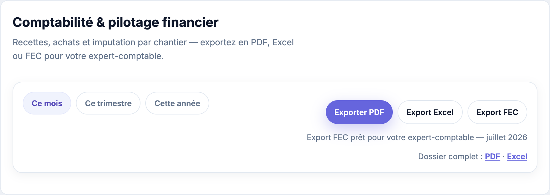Barre export PDF Excel FEC
