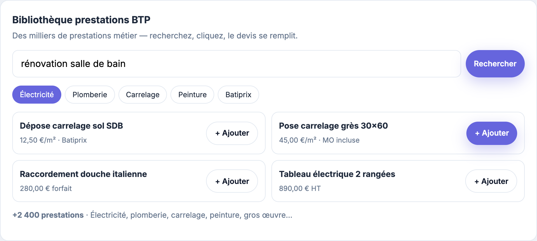 Bibliothèque prestations utilisée pour l'estimation