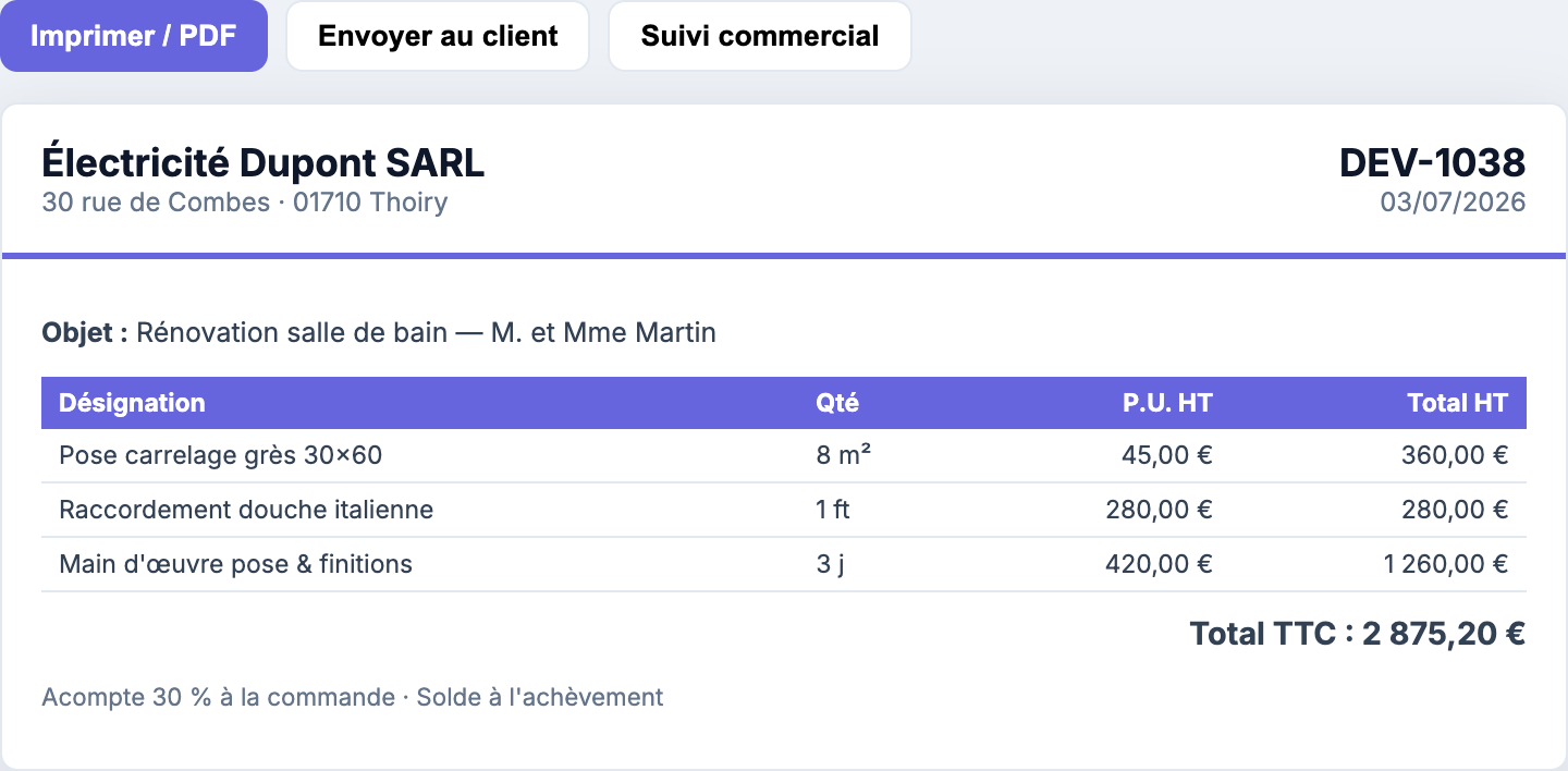 Aperçu PDF devis professionnel et actions d'envoi